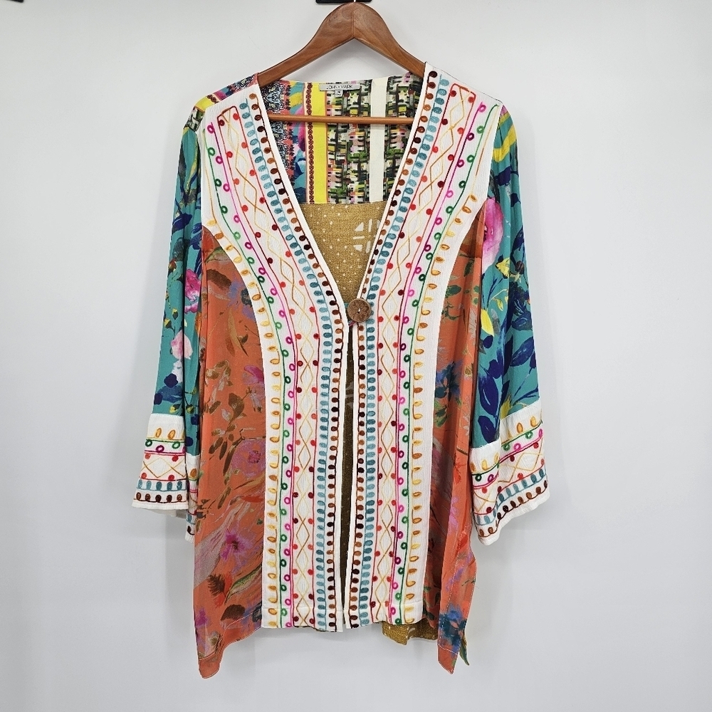 John Mark Embroidered Mixed Media Kimono Swim Cover Up Womens Medium